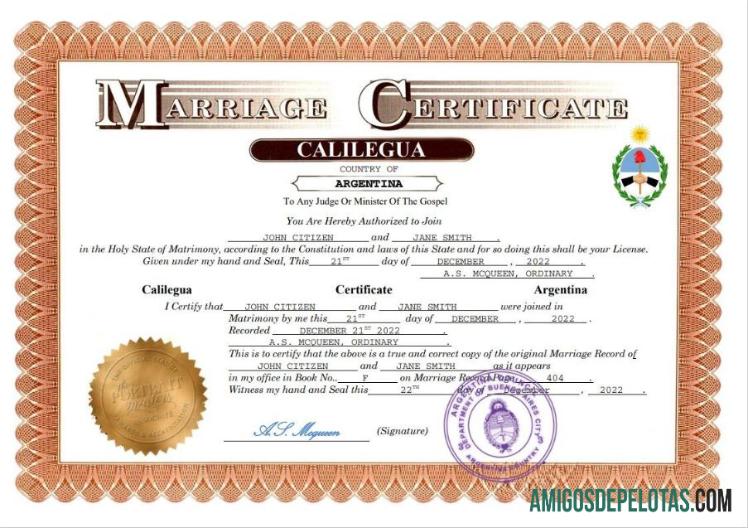 Em branco modelo Word e PDF de certidão de casamento na Argentina